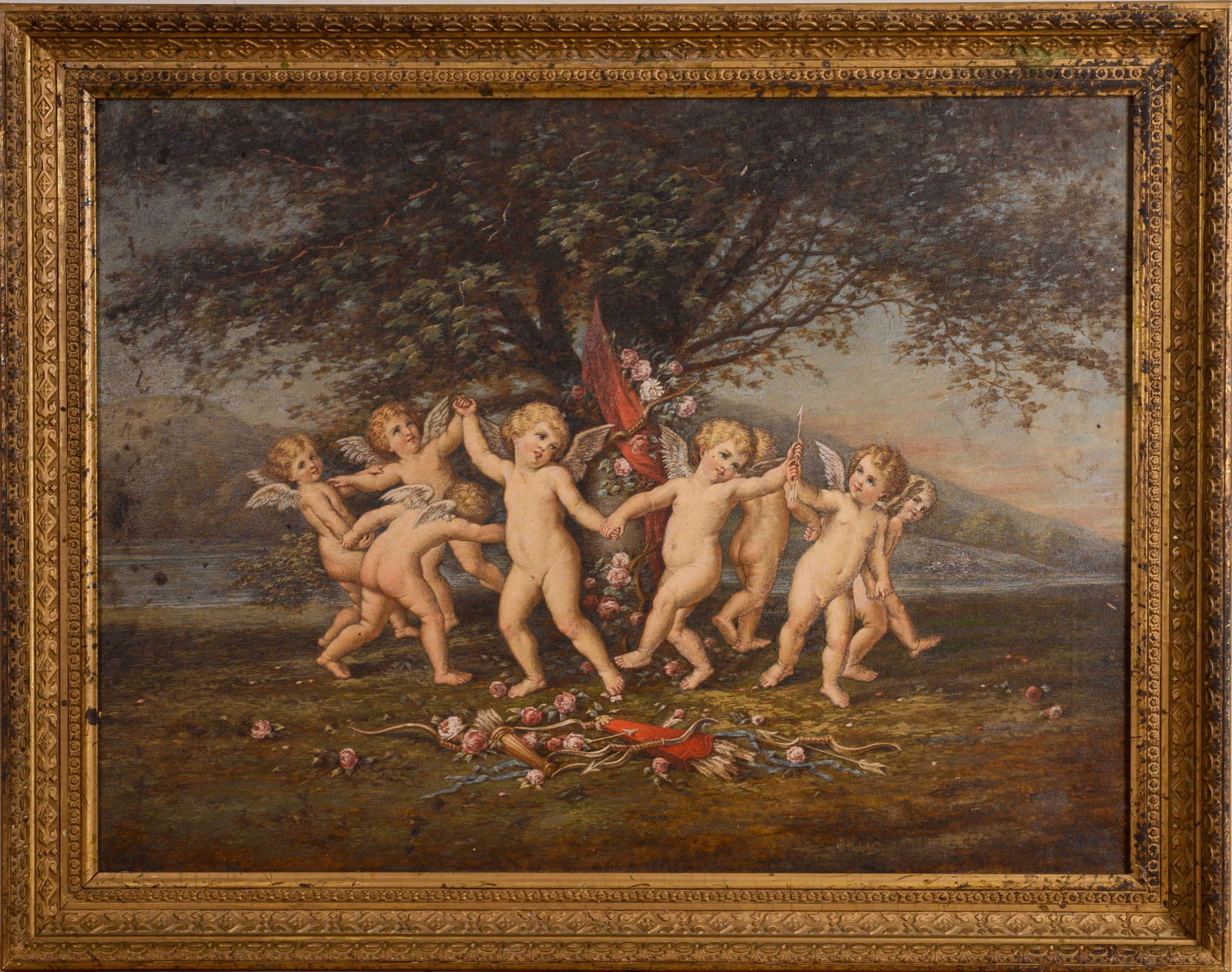 CONTINENTAL PAINTING WITH CHERUBS. (1 of 2)