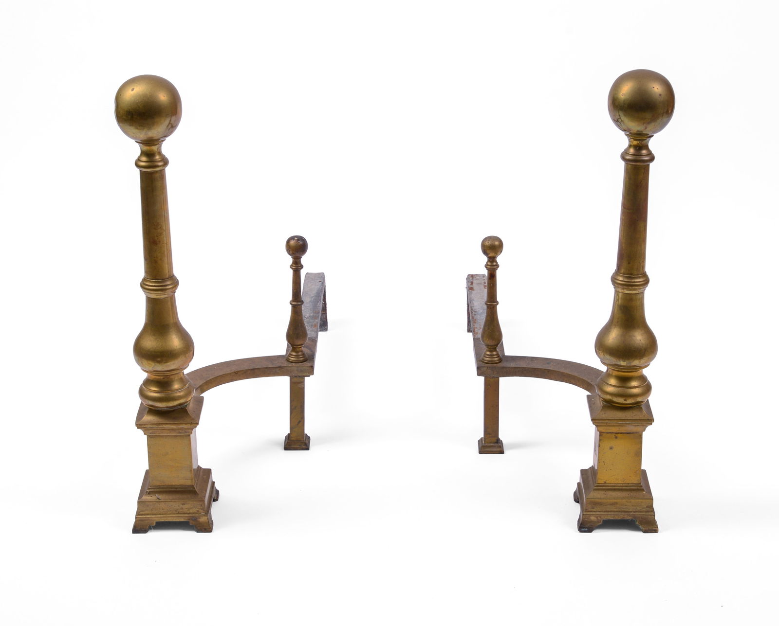 PAIR OF 19TH CENTURY BRASS BALL TOP ANDIRONS. (1 of 2)