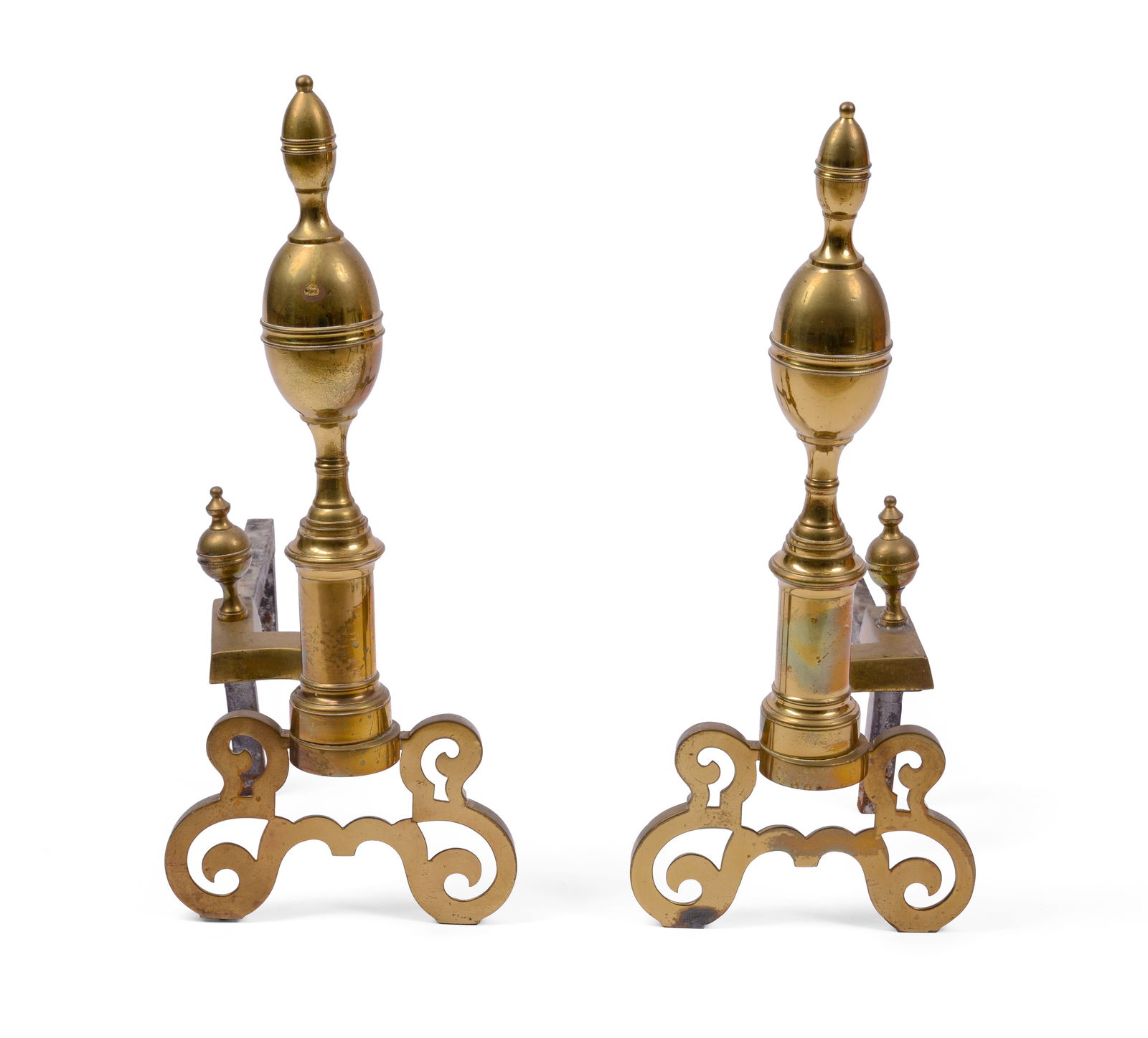 PAIR OF BRASS LEMON TOP ANDIRONS. (1 of 2)