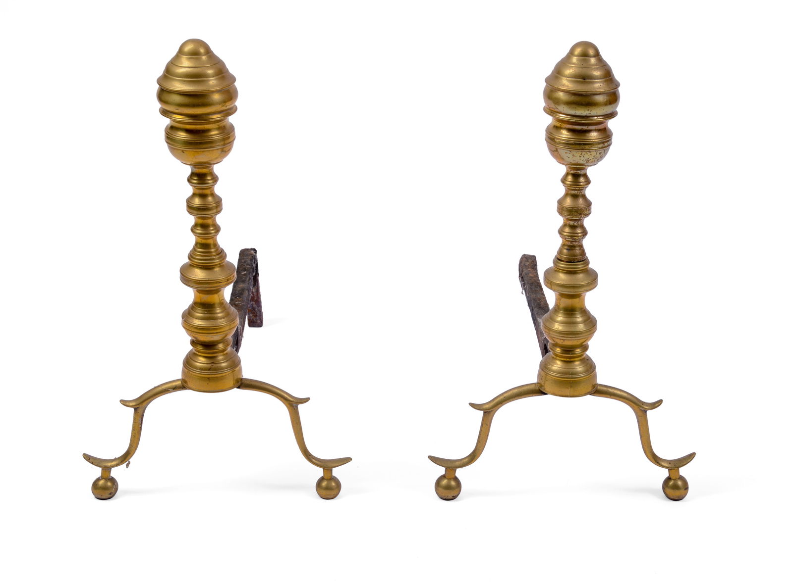PAIR OF DIMINUTIVE 18TH CENTURY BRASS ANDIRONS. (1 of 2)