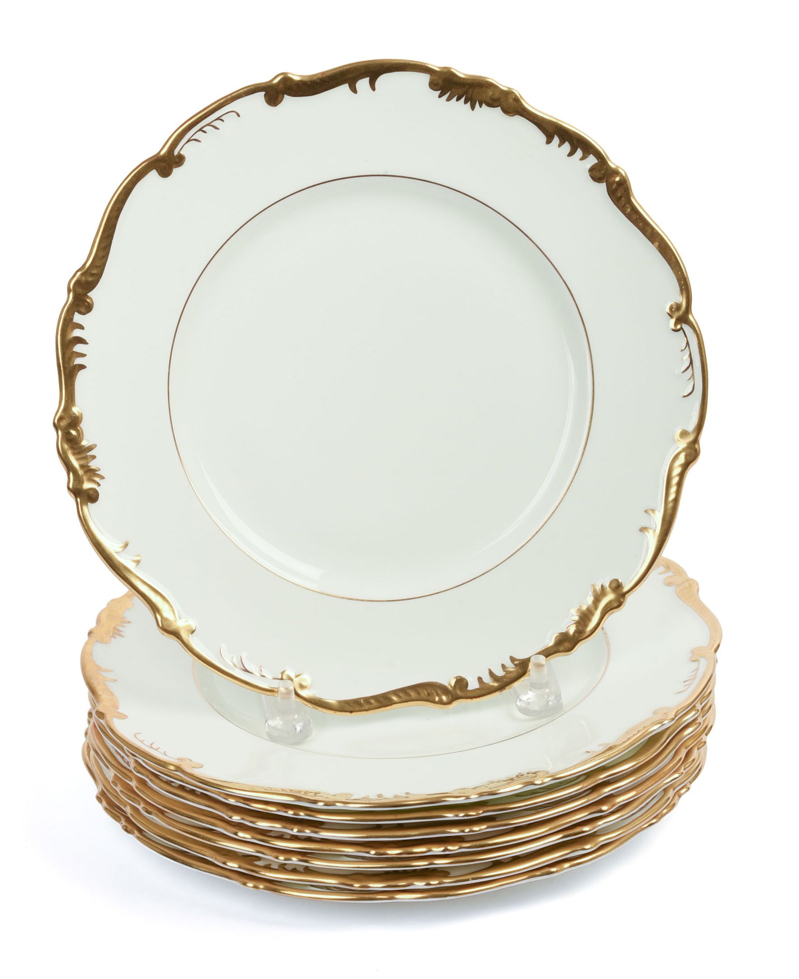 EIGHT COALPORT ADMIRAL GILT RIM DINNER PLATES.: Diameter 10.75 inches, very good condition.