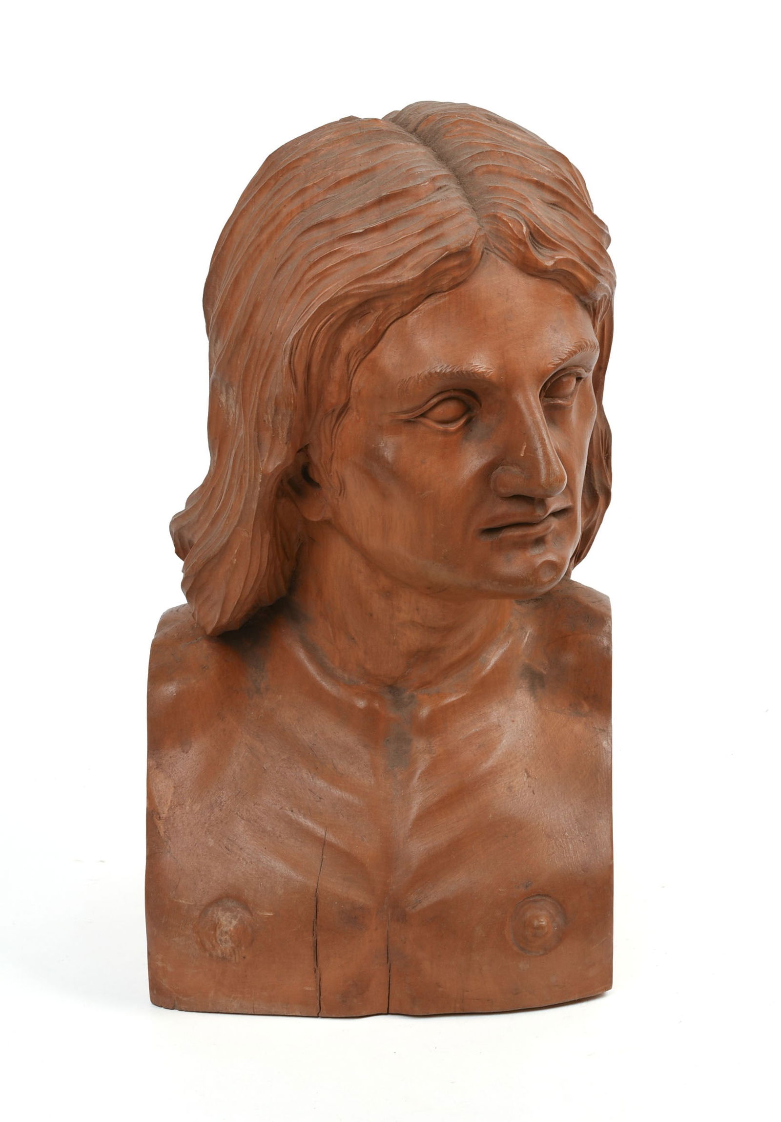 CARVED WOODEN BUST OF A MAN. (1 of 5)