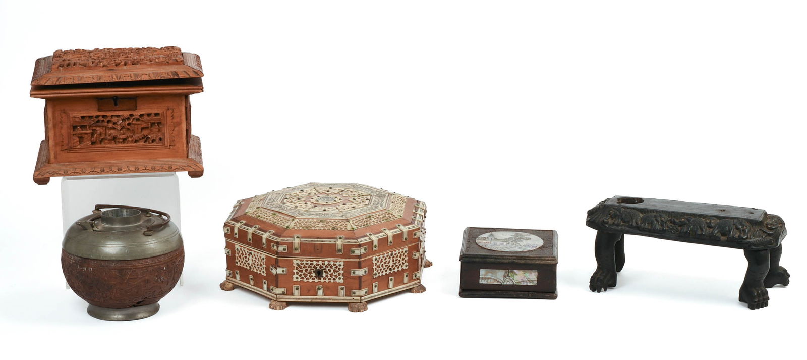 FIVE PIECES OF 19TH C. ASIAN EXPORT PIECES.: Anglo-Indian Vizagapatam sewing or jewelry box, Anglo-Indian carved ebony stand with paw feed, small Chinese box with abalone inlay, Chinese pewter and carved coconut teapot, and Chinese Canton carved