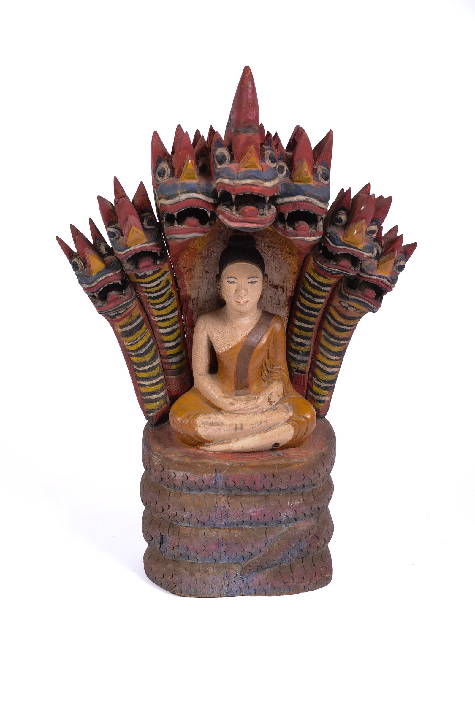 THAI CARVED WOODEN BUDDHA ON NAGA SNAKE.: Height 30 inches.