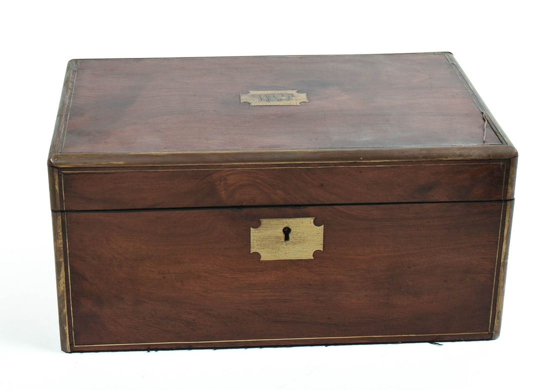 ENGLISH MAHOGANY BRASS BOUND LAP DESK. (1 of 7)