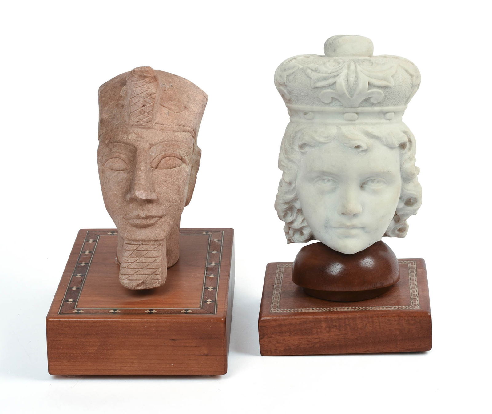 TWO ANTIQUE MOUNTED STONE HEADS. (1 of 4)