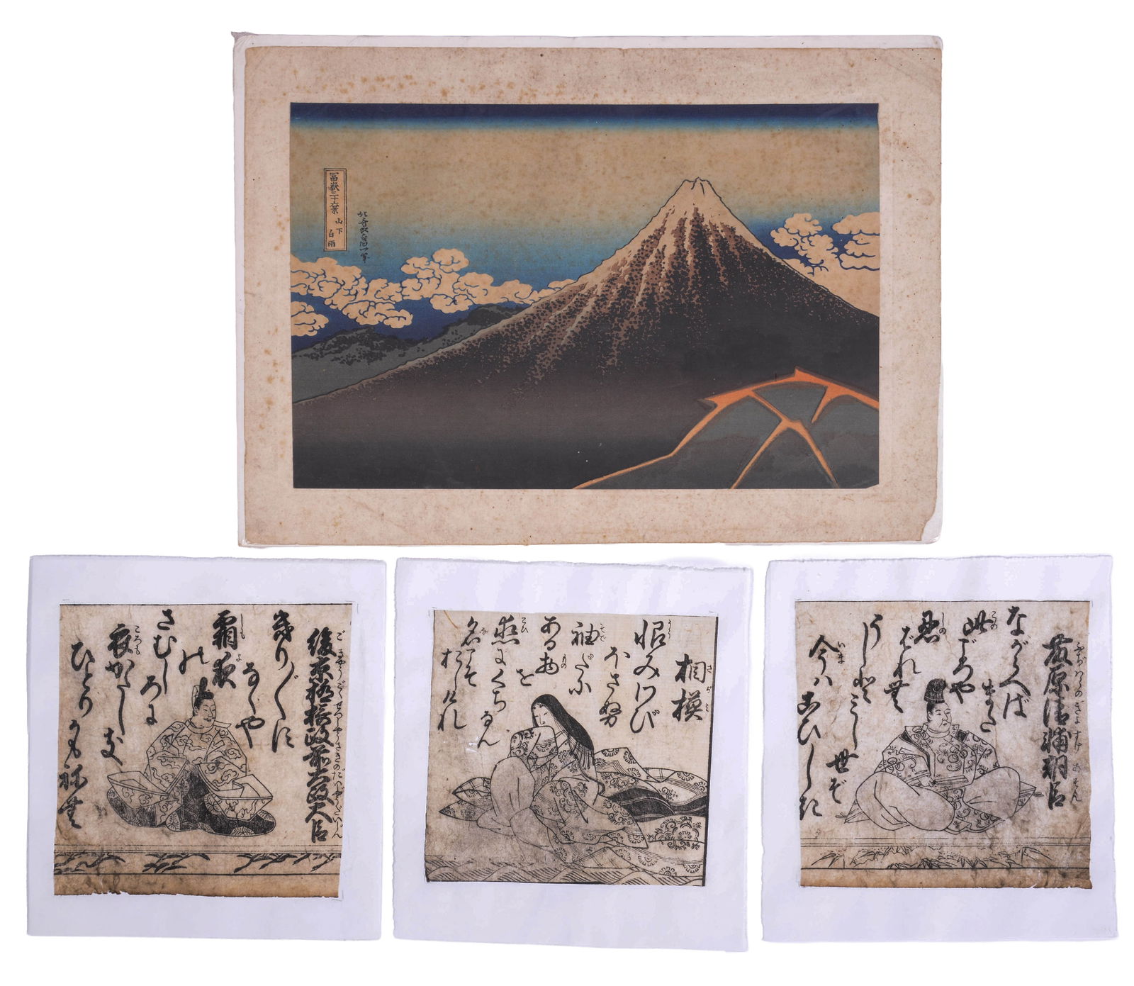 FOUR ANTIQUE JAPANESE WOODBLOCK PRINTS.: Three unattributed 18th C. black and white prints of noblemen and noblewomen. One titled "Sudden Rain Beneath the Summit" or "Black Fuji" by or after Katsushika Hokusai. Print depicting Mt. Fuji, imag