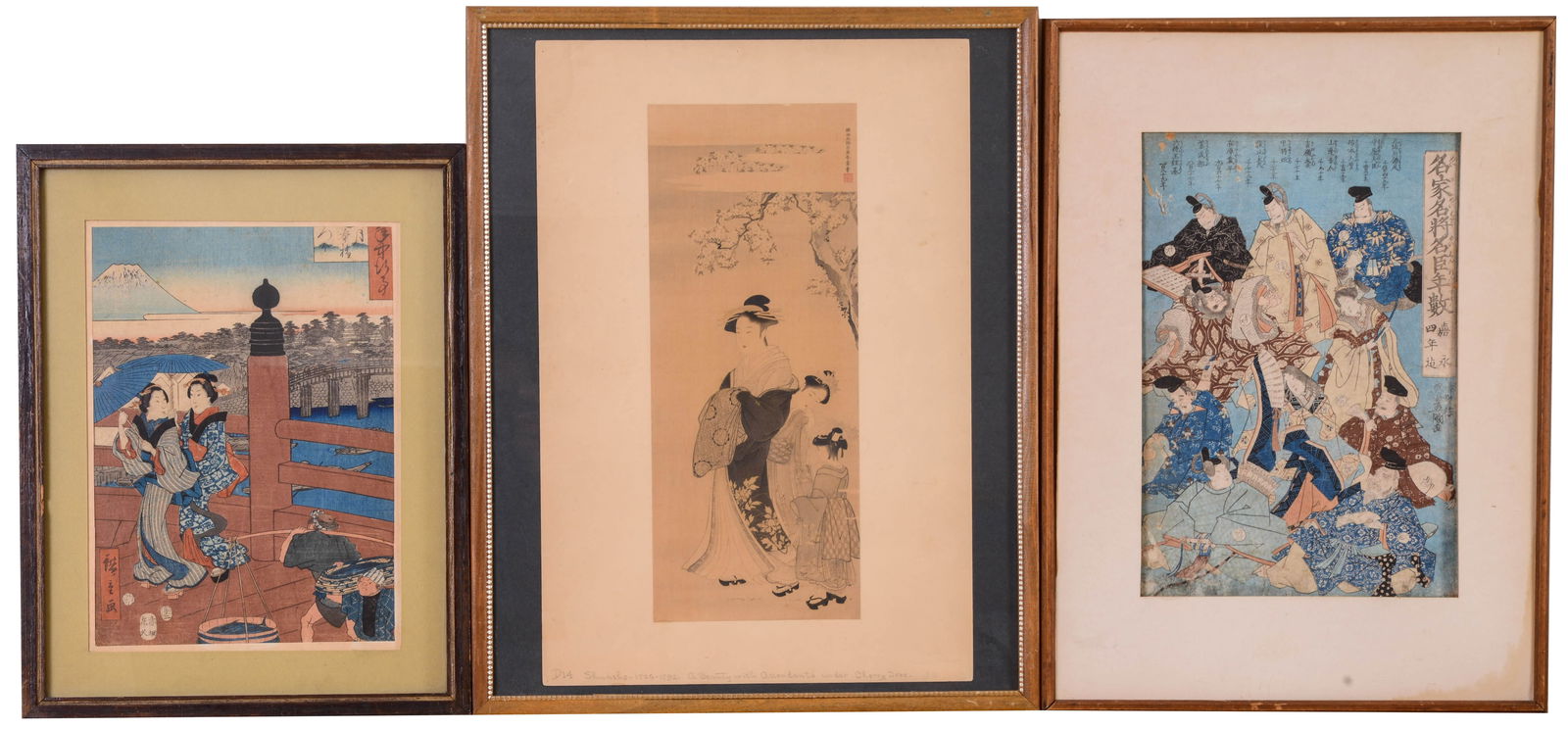 THREE FRAMED ANTIQUE JAPANESE WOODBLOCK PRINTS. (1 of 5)