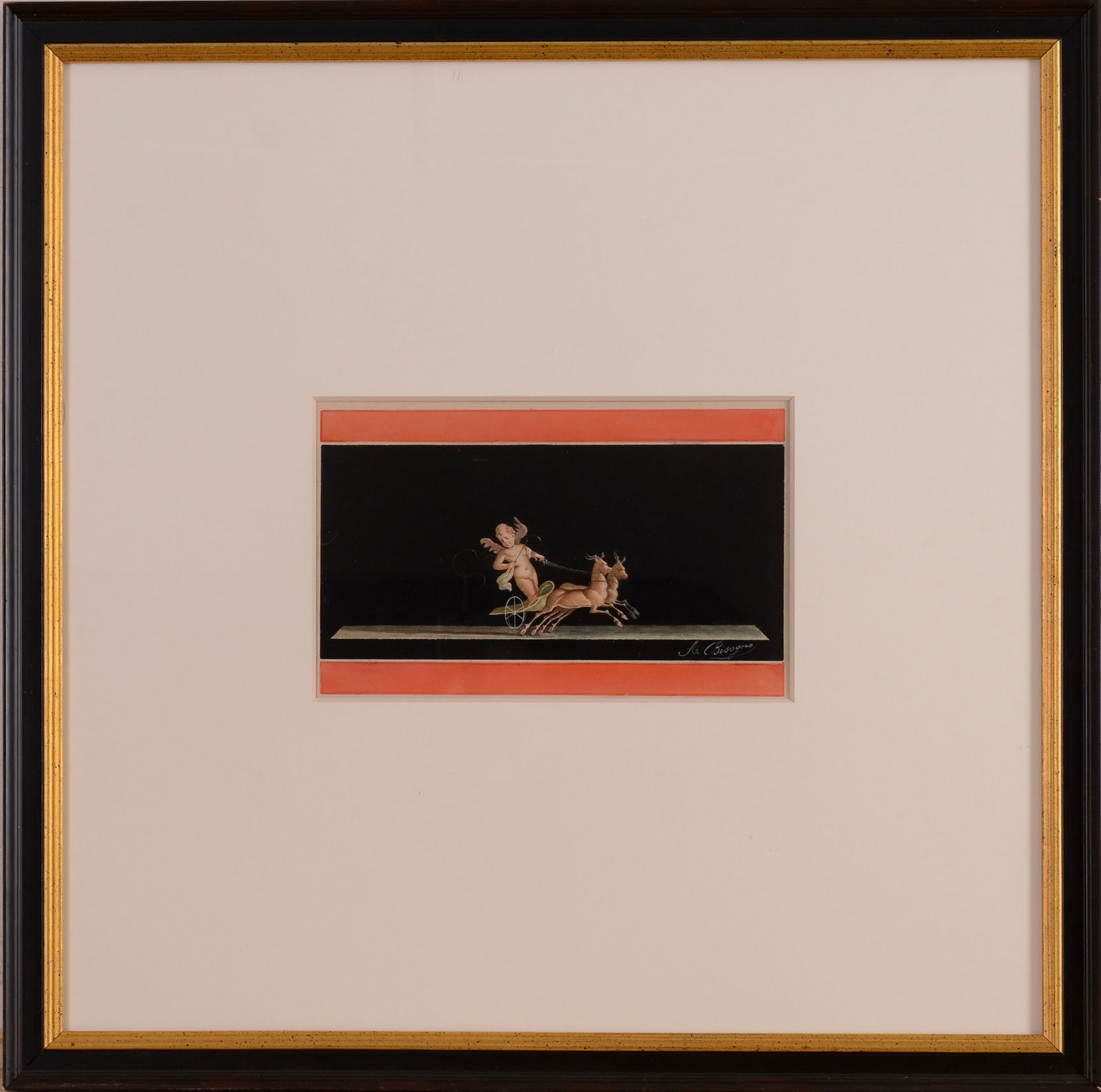 VINCENZO BISOGNO. PUTTI IN A CHARIOT.: Watercolor on paper, 6 x 9.5 inches sight, signed lower right. Framed, 22 x 22 inches.