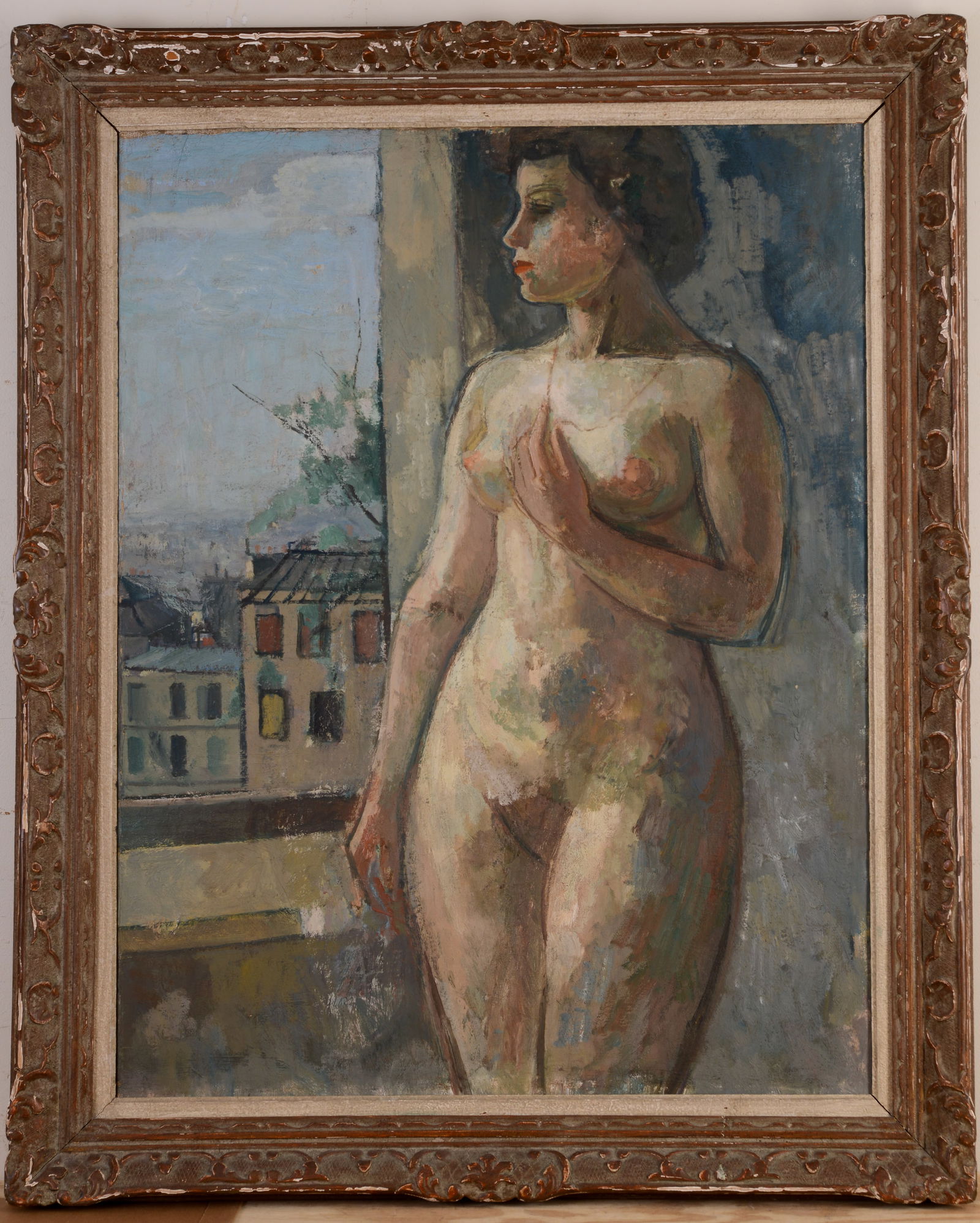 OTTO WYLER (1887 - 1965). PORTRAIT OF A NUDE WOMAN.: Oil on canvas, 38 x 30 inches. Labeled on verso. Framed, 44 x 36 inches. Painting in good condition, some losses to frame.