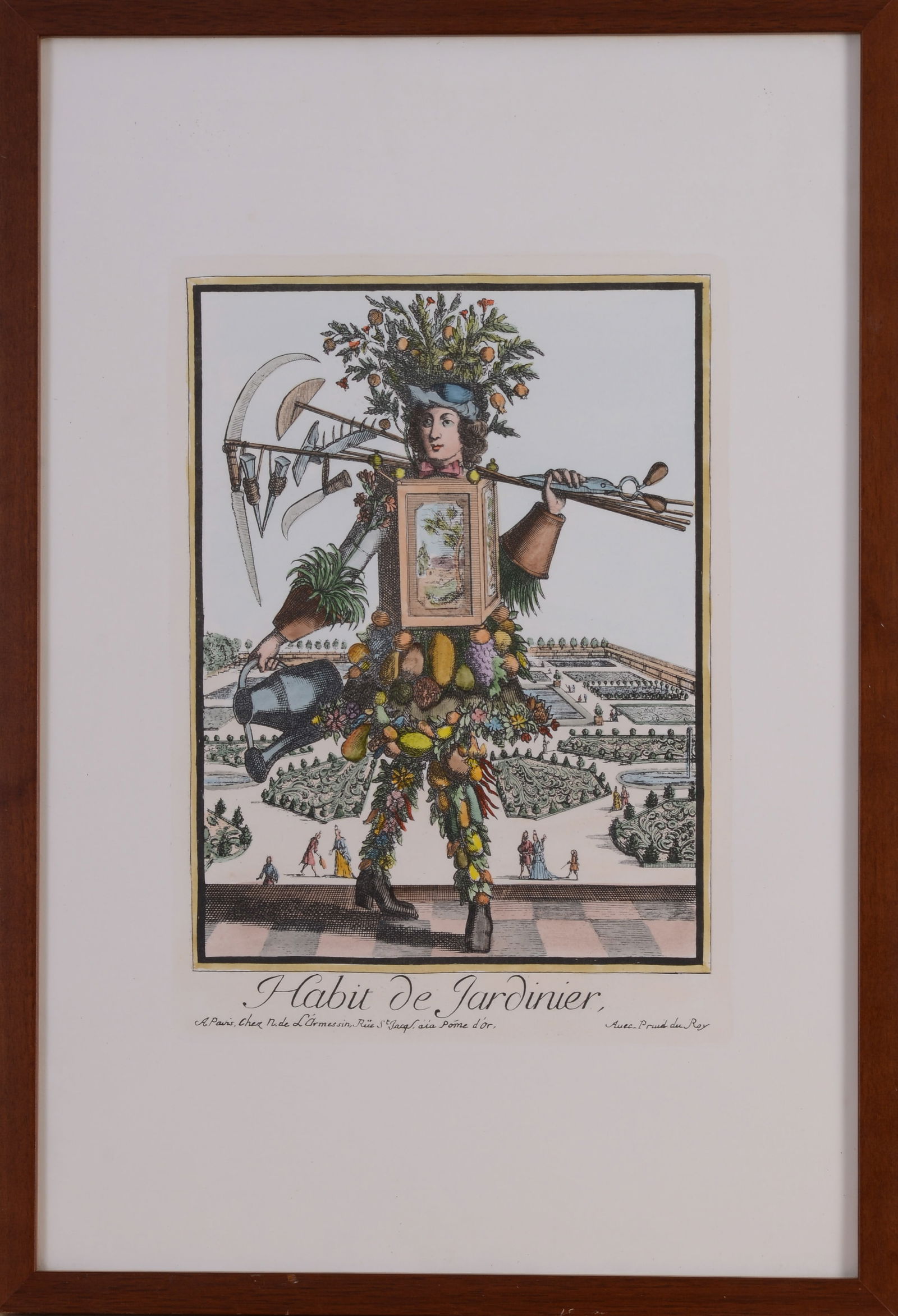 HAND COLORED LE FORTI PRINT OF HABIT DE JARDINIER.: 20th century reproduction, finely framed, 24.5 x 17 inches.