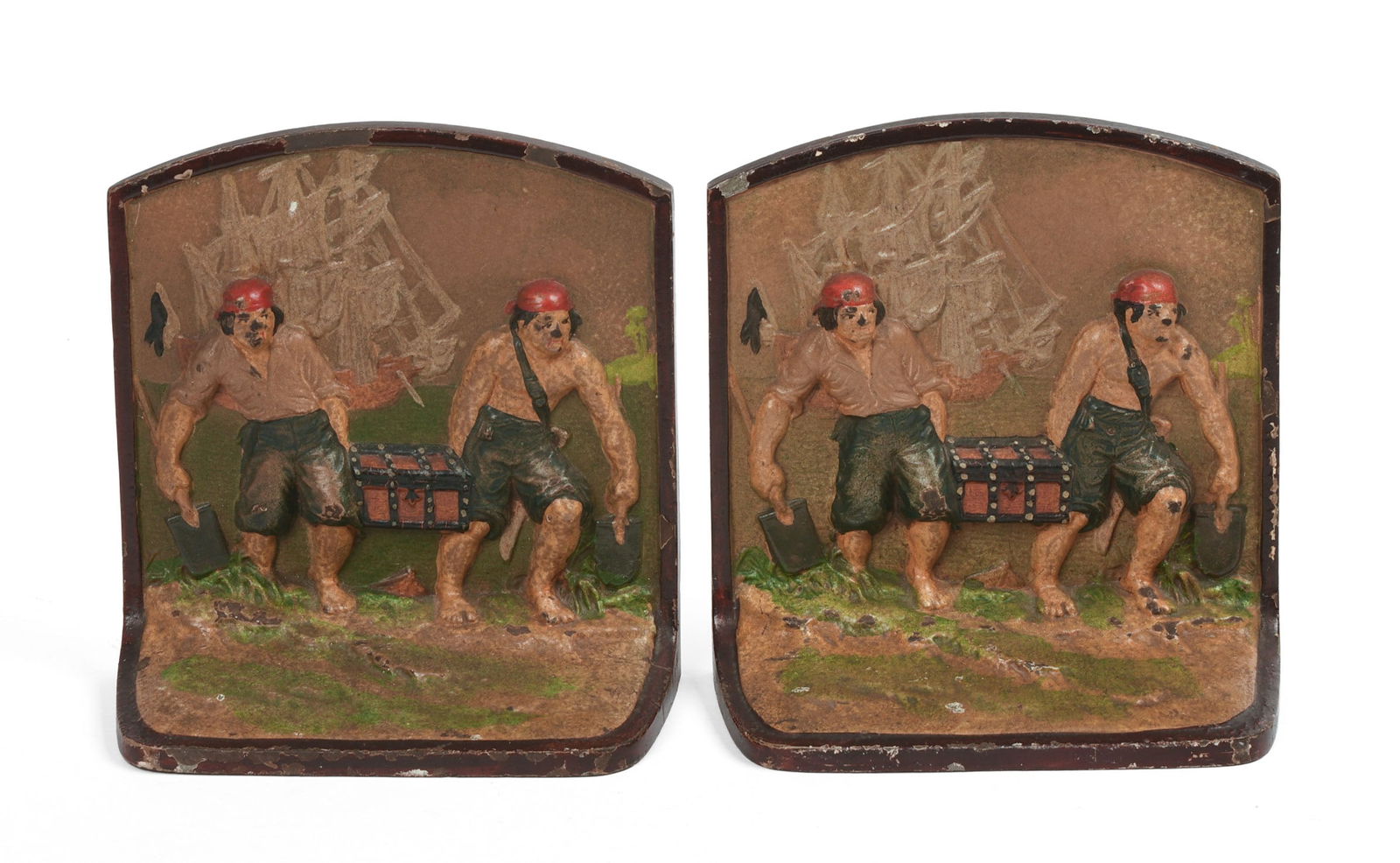 PAIR OF BOOKENDS WITH PIRATES.: 5 x 5 x 3 inches. Some paint loss.
