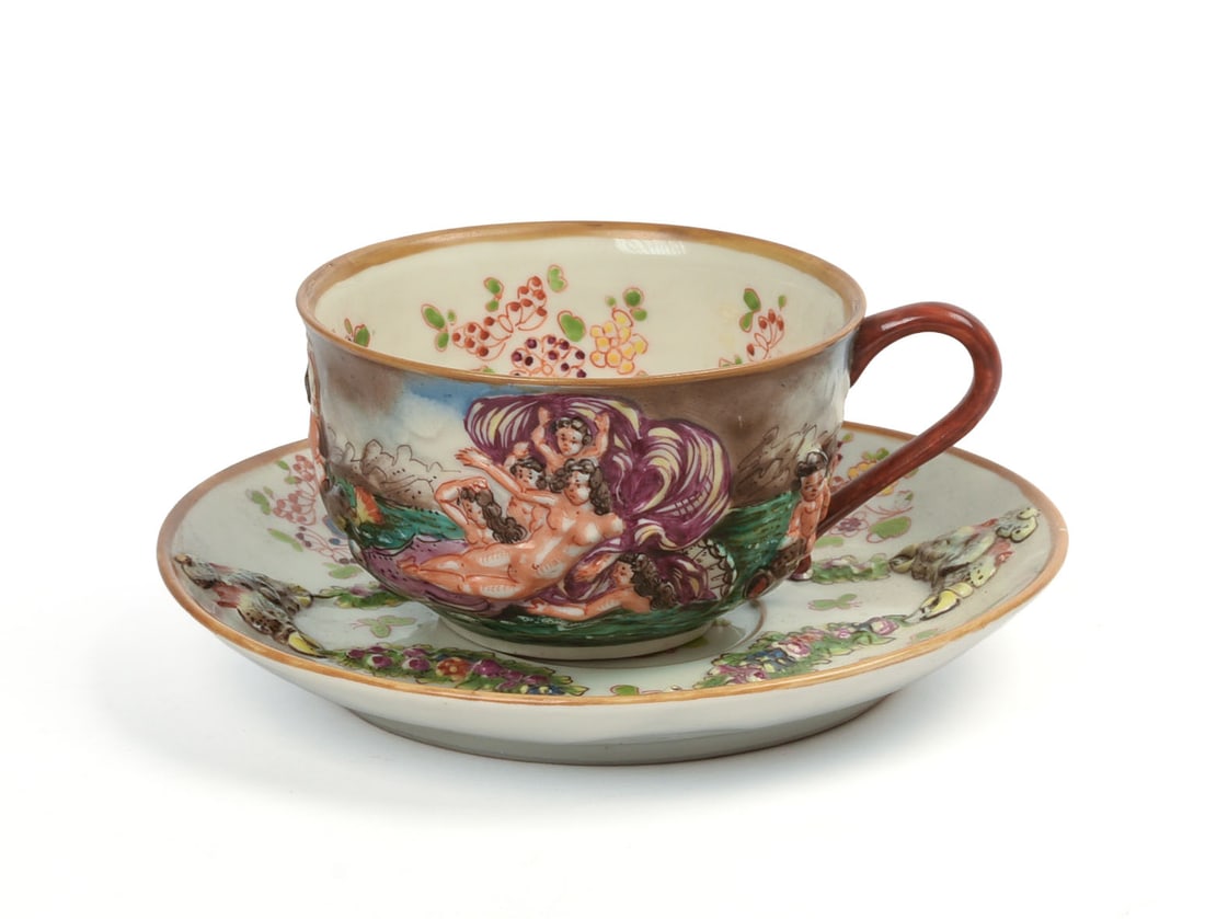 ITALIAN CAPODIMONTE CUP AND SAUCER WITH POSEIDON. (1 of 5)