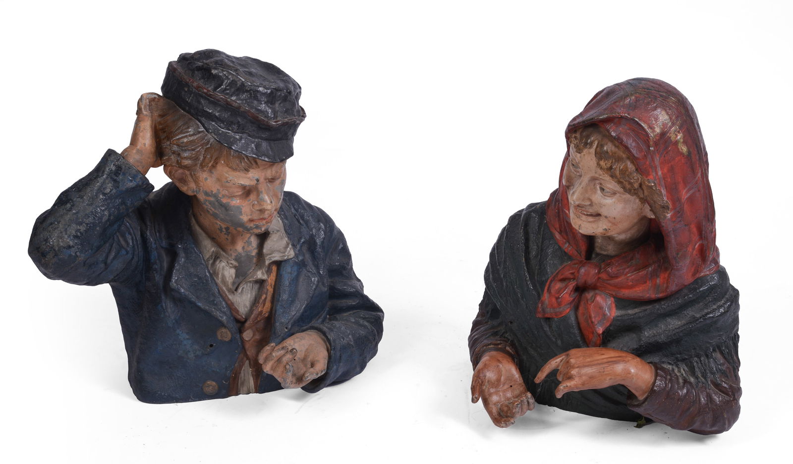 PAIR OF SPELTER CAROUSEL FIGURES OF A WOMAN & A MAN.: Late 19th or early 20th century. Height 20 inches, width 20 inches, depth 12 1/2 inches.