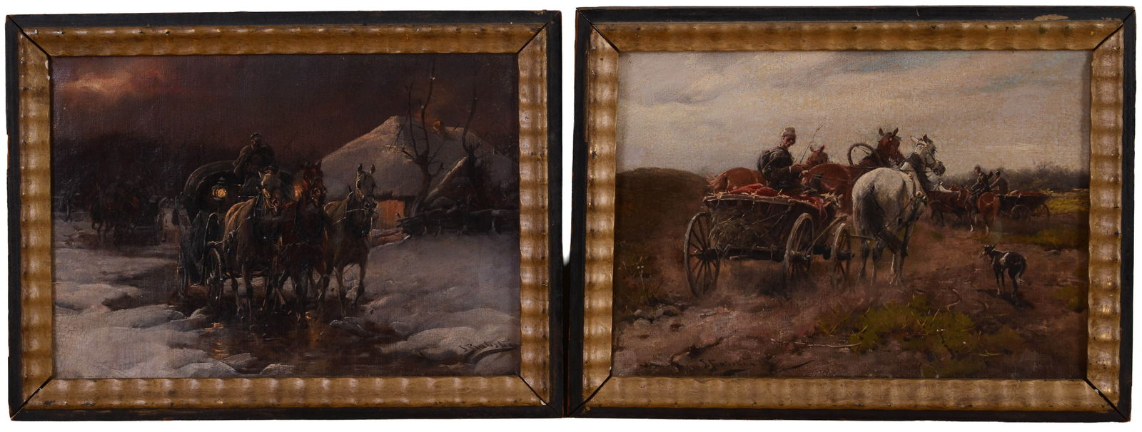 TWO SMALL RUSSIAN PAINTINGS OF HORSE DRAWN CARRIAGES.: 19th century, oil on canvas, 7.75 x 10.75 inches, signed indistinctly.