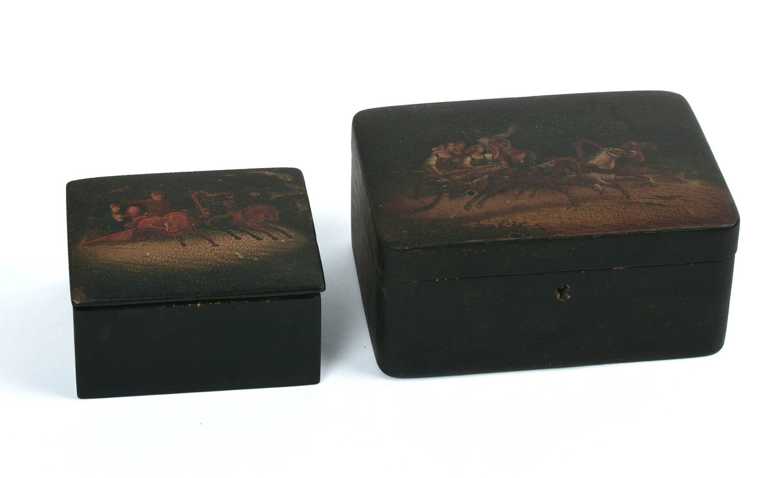 TWO RUSSIAN BLACK LACQUER BOXES WITH SLEIGHS. (1 of 5)