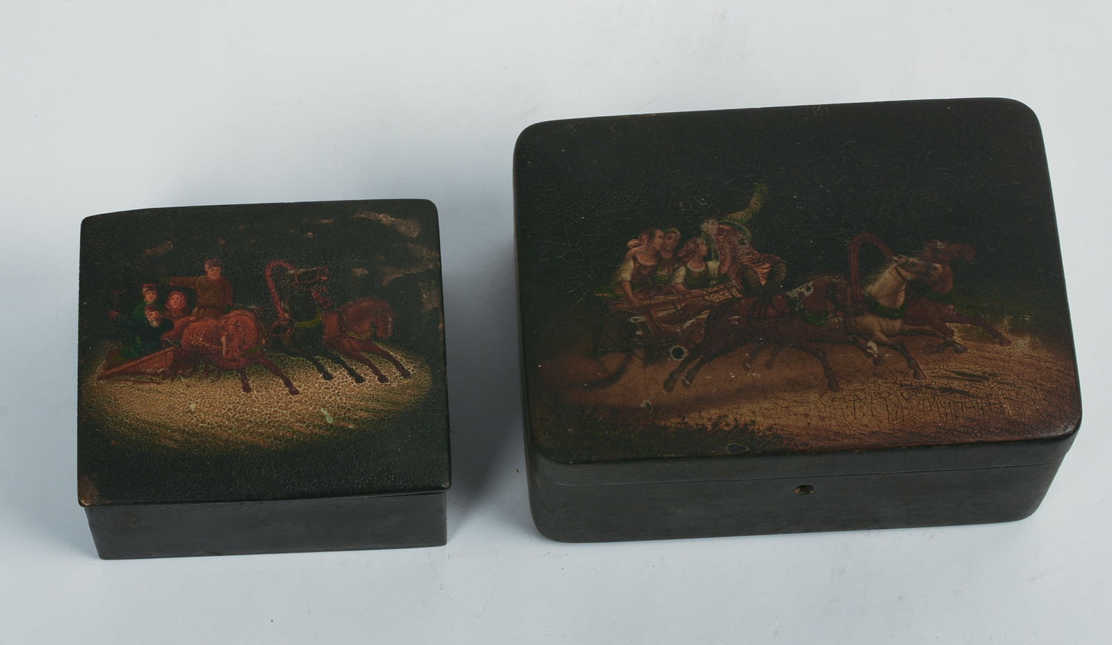 TWO RUSSIAN BLACK LACQUER BOXES WITH SLEIGHS. - 2