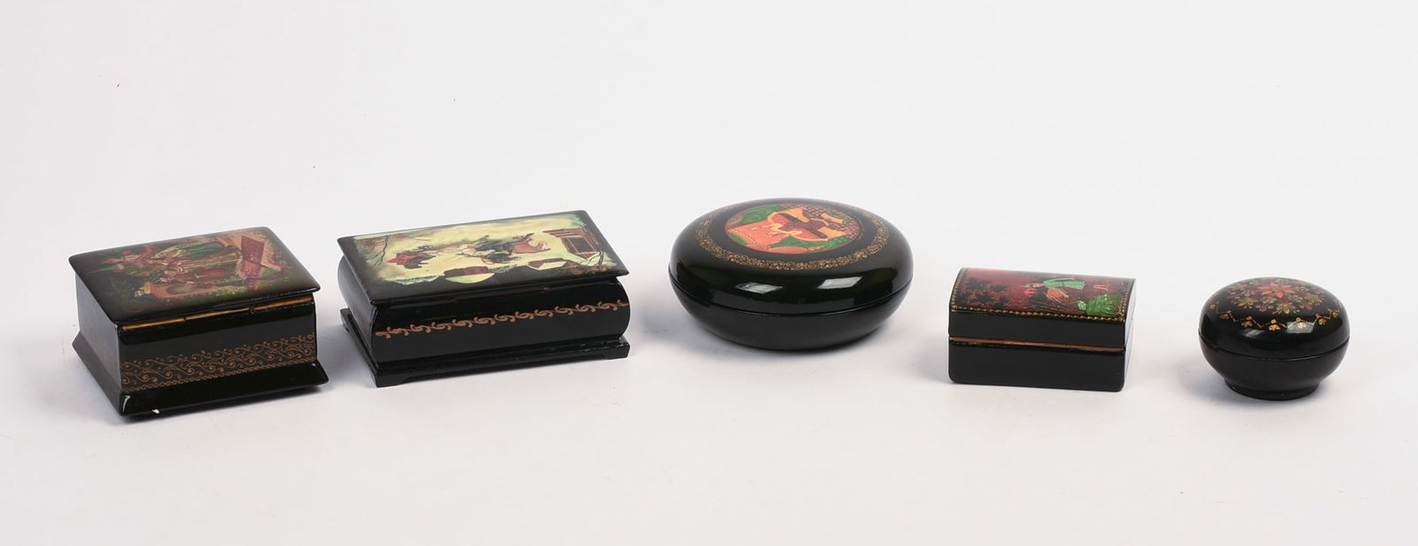 FIVE RUSSIAN BLACK LACQUER BOXES. - 5
