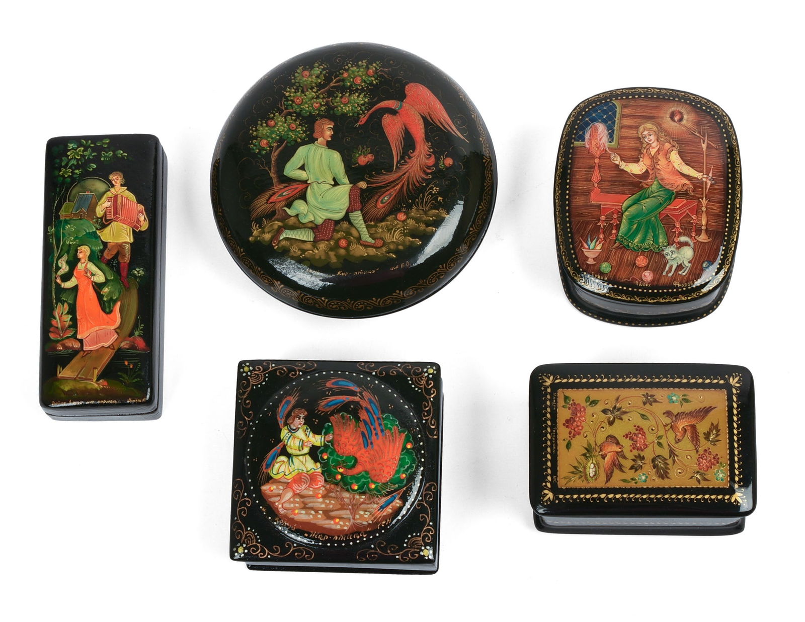 FIVE RUSSIAN BLACK LACQUER BOXES. (1 of 6)