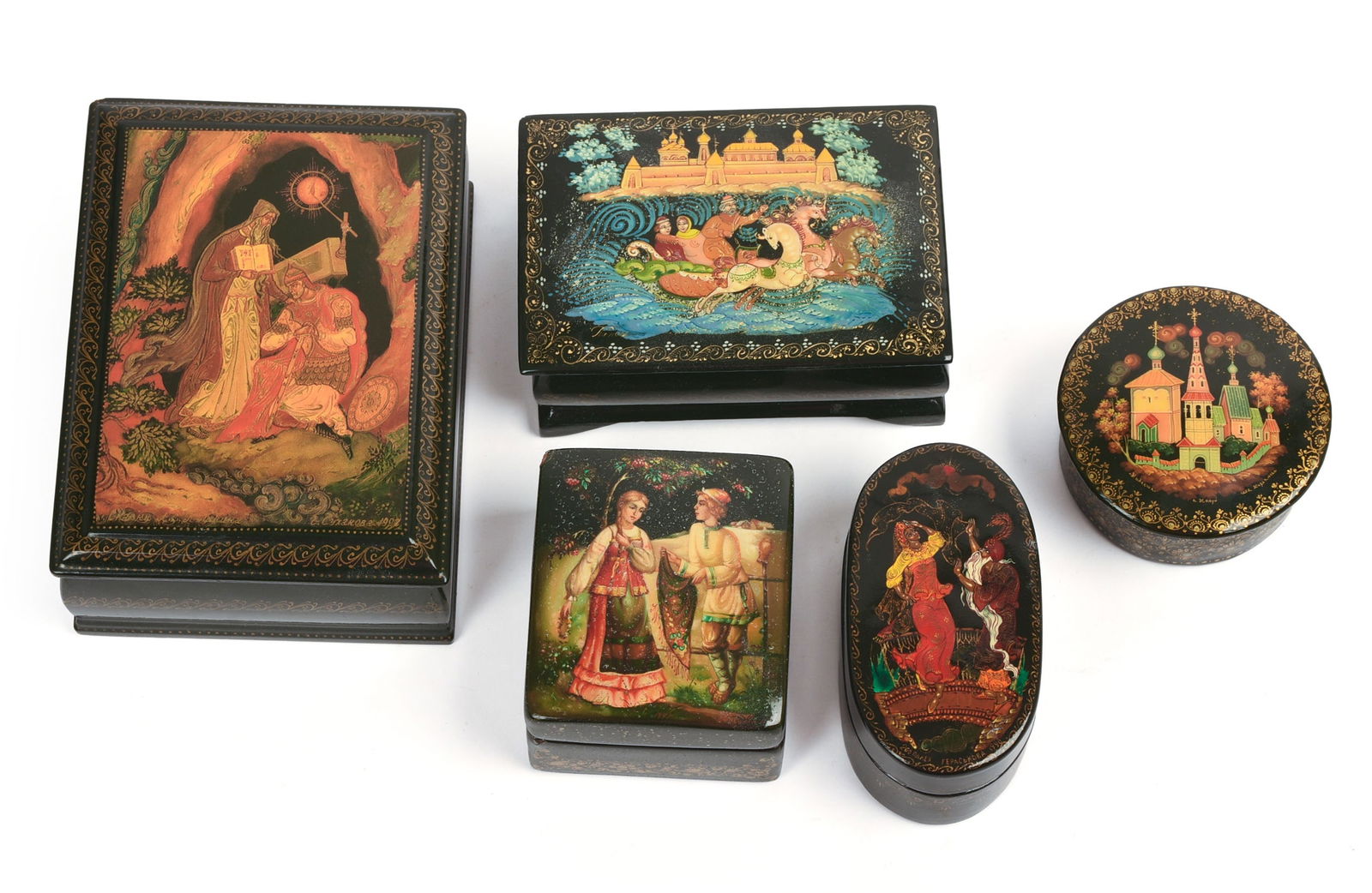 FIVE RUSSIAN BLACK LACQUER BOXES. (1 of 8)