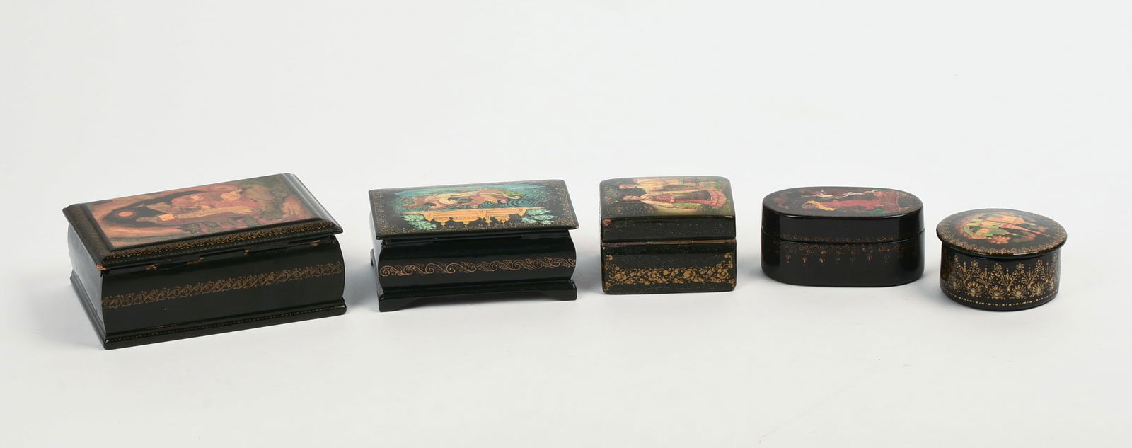 FIVE RUSSIAN BLACK LACQUER BOXES. - 4