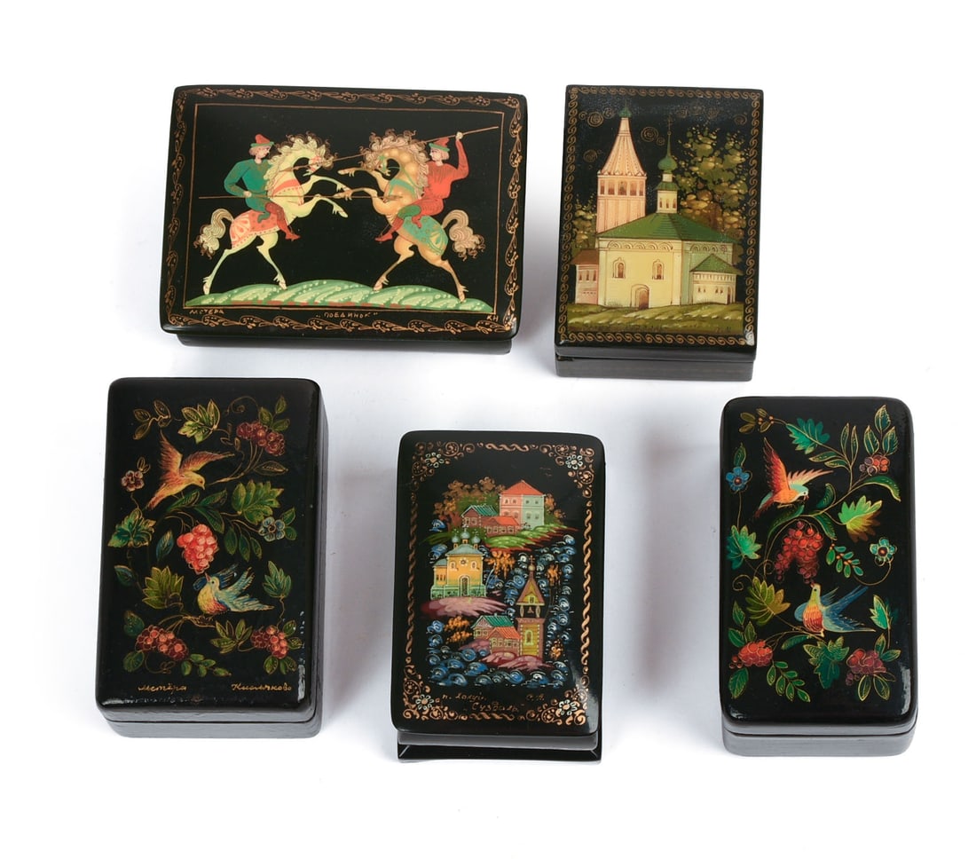 FIVE RUSSIAN BLACK LACQUER BOXES. (1 of 7)