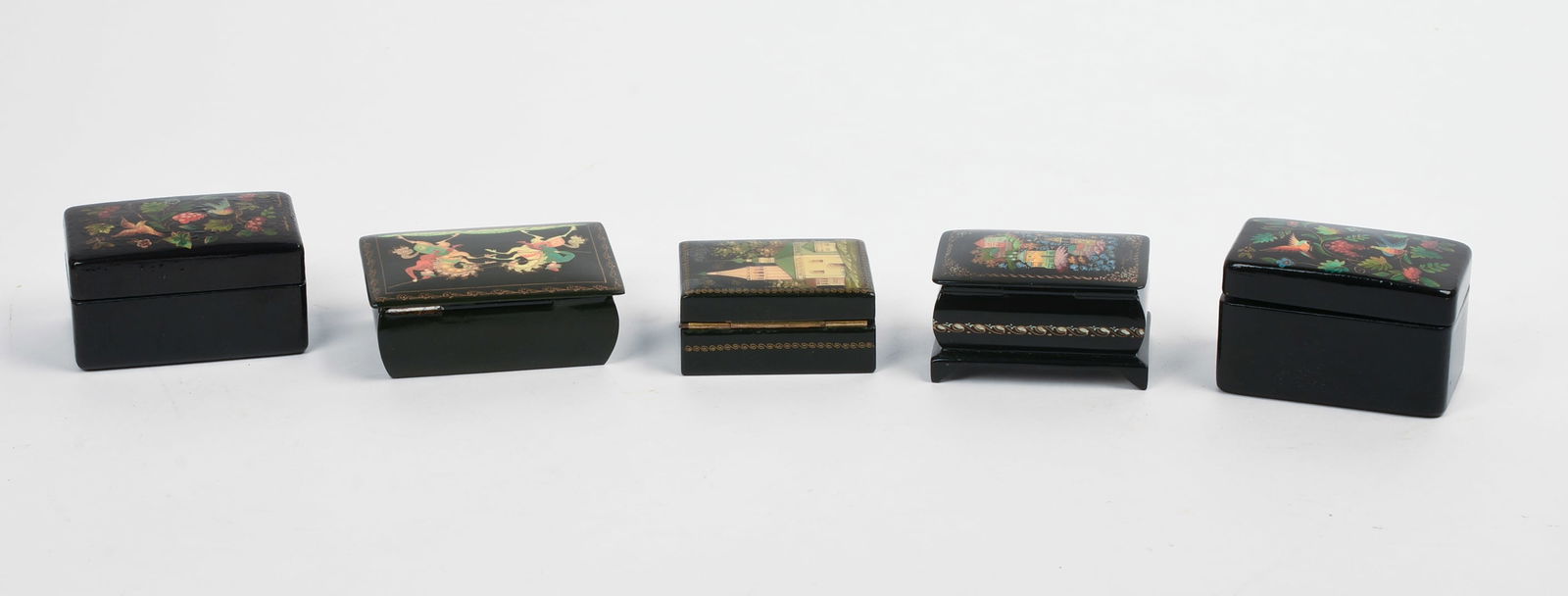 FIVE RUSSIAN BLACK LACQUER BOXES. - 5