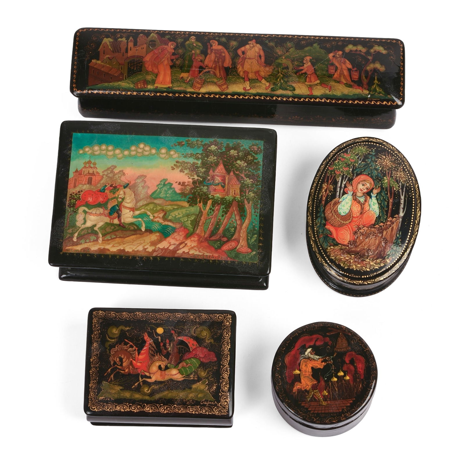 FIVE RUSSIAN BLACK LACQUER BOXES. (1 of 5)