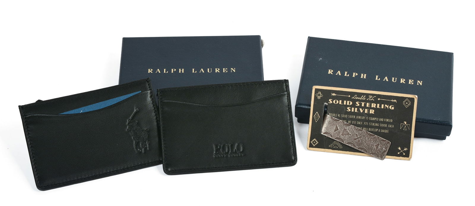 RALPH LAUREN STERLING SILVER MONEY CLIP AND TWO WALLETS.: Money clip length 2.5 inches, 16.39 grams. Retail price $495.