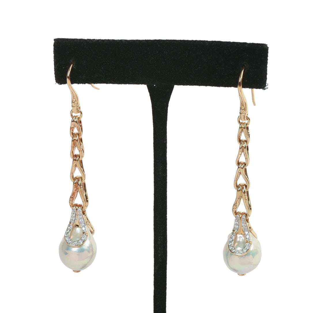 JOHN HARDY 18K GOLD DIAMOND PAVE PEARL DROP EARRINGS.: Length 2 inches, 15.28 grams. Retail price $2,900.
