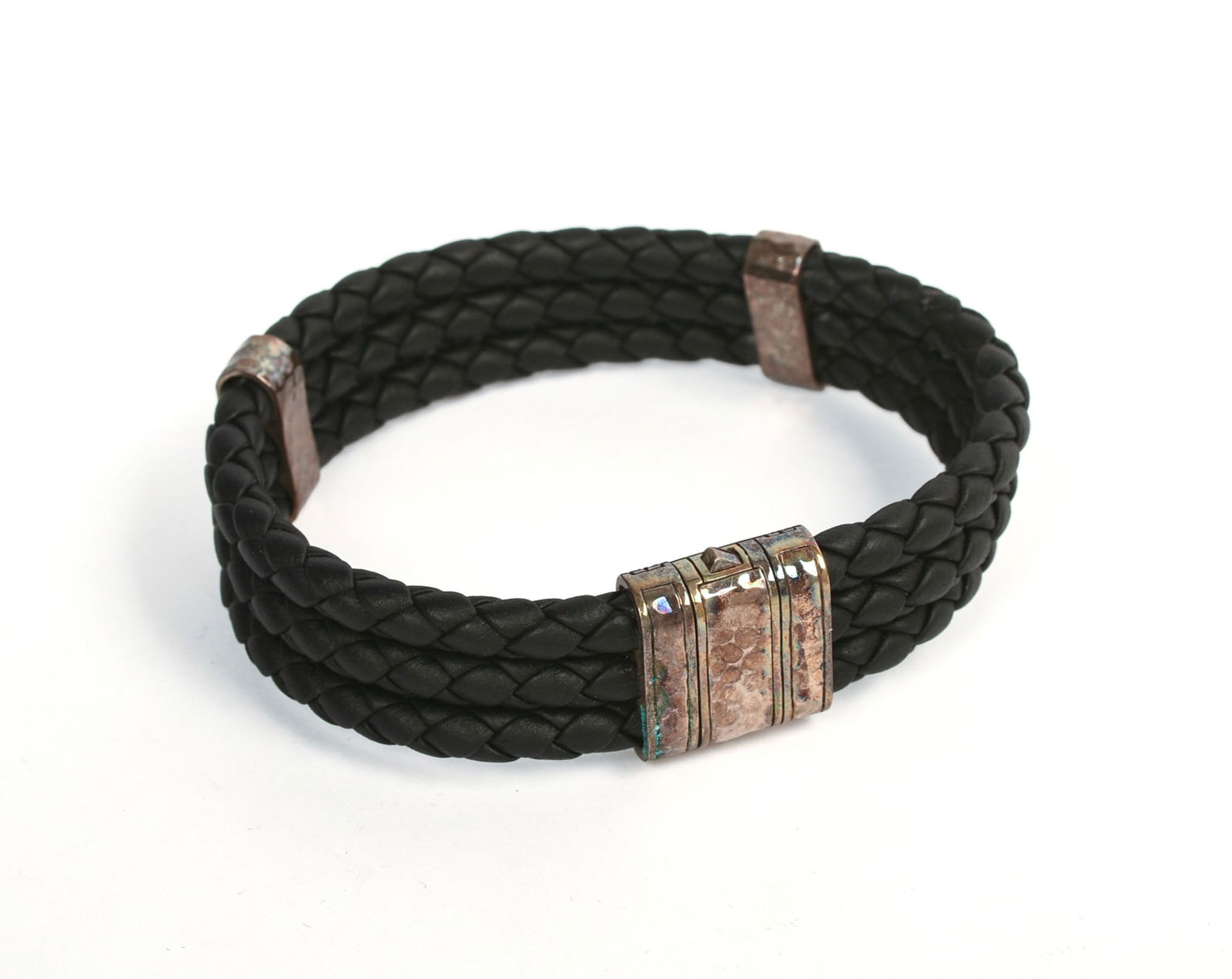 JOHN HARDY STERLING SILVER AND BLACK CORD BRAIDED BRACELET.: Diameter 2.5 inches. Retail $525.