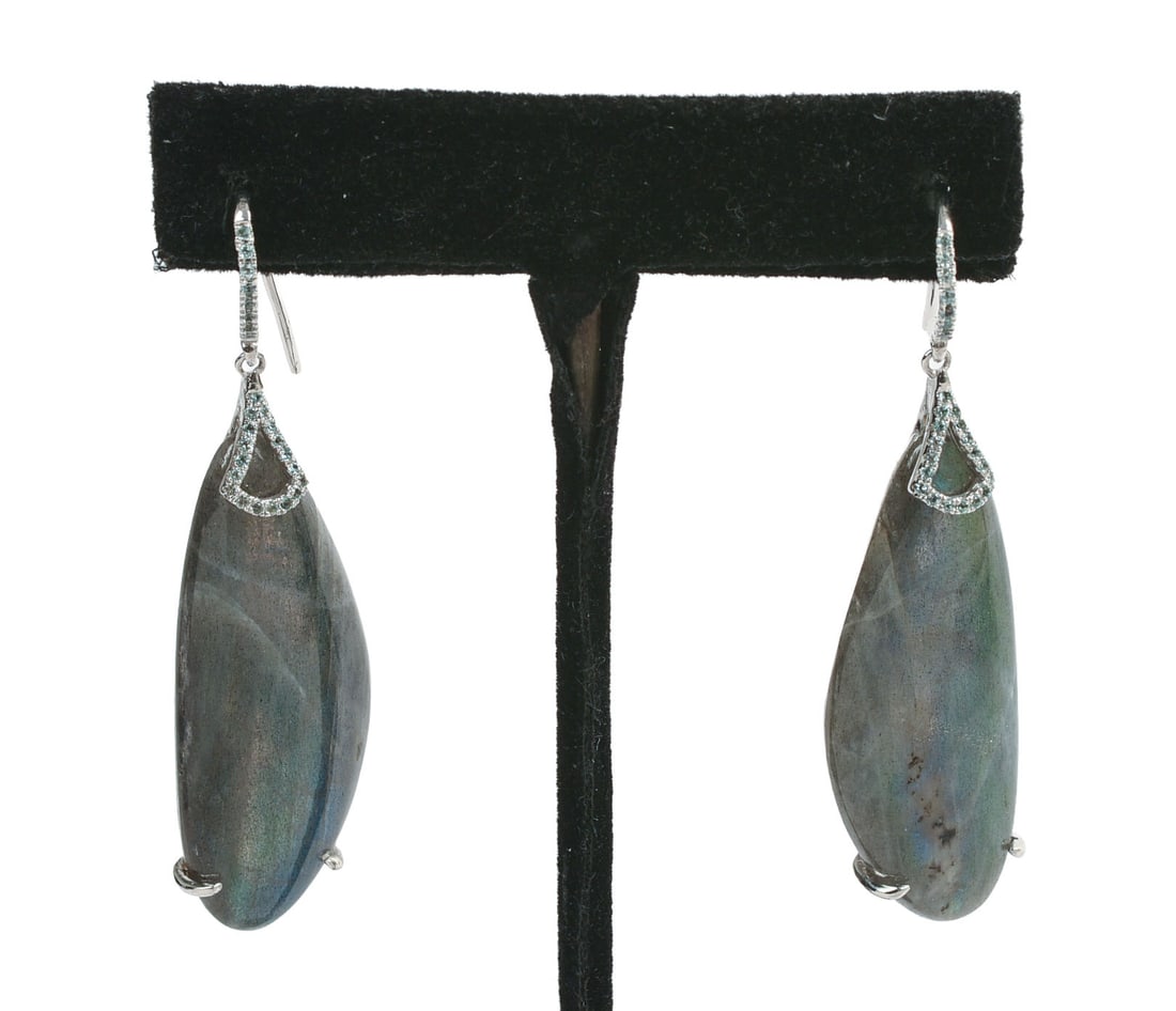 JAN LESLIE STERLING SILVER AND LABRADORITE EARRINGS.: Length 2.5 inches, new in box.