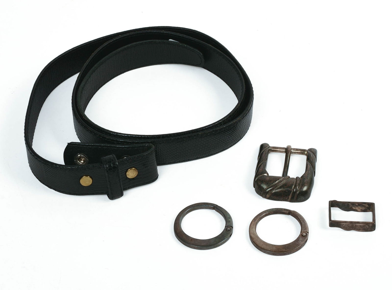 VICENZA STERLING BELT BUCKLE.: 1.5 x 2 inches, with two Italian sterling hoops, and a snakeskin belt. 80 grams weighable.