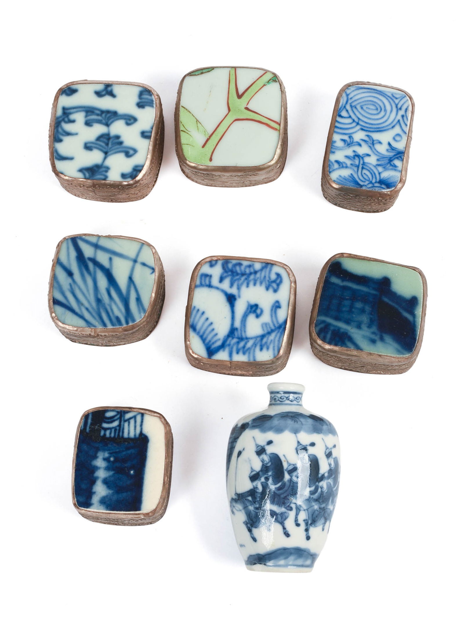 SEVEN PORCELAIN AND METAL PILL BOXES AND A MINIATURE VASE.: Boxes approximately 1.75 x 1 x 1 inches, vase with six character mark.