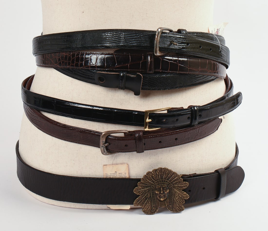 THREE POLO RALPH LAUREN MEN'S BELTS.: Lengths 44 inches. Together with three Trafalgar snake skin belts.