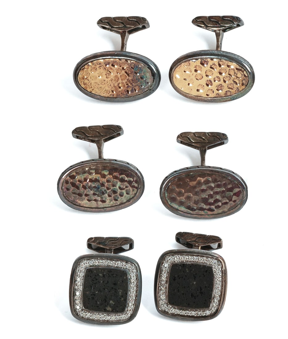 THREE PAIRS OF JOHN HARDY STERLING SILVER CUFFLINKS.: Largest 0.75 x 0.75 inches.