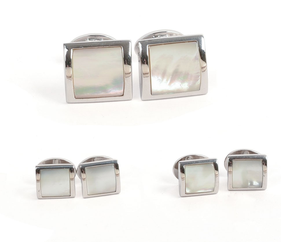 JAN LESLIE STERLING AND MOP CUFFLINK AND SHIRT STUD SET.: New in box.