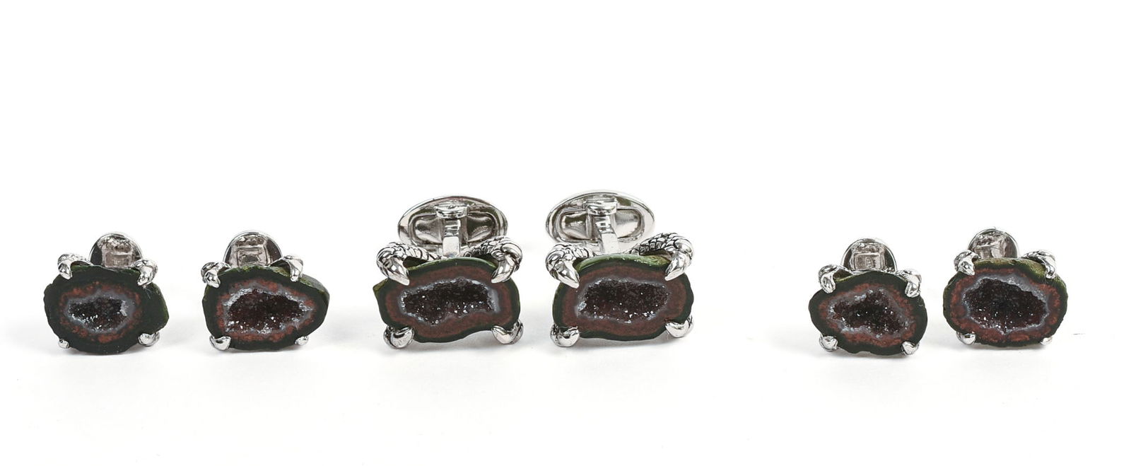 JAN LESLIE STERLING SILVER AND GEODE CUFFLINK AND SHIRT STUD SET.: New in box, cufflinks 0.75 inches.