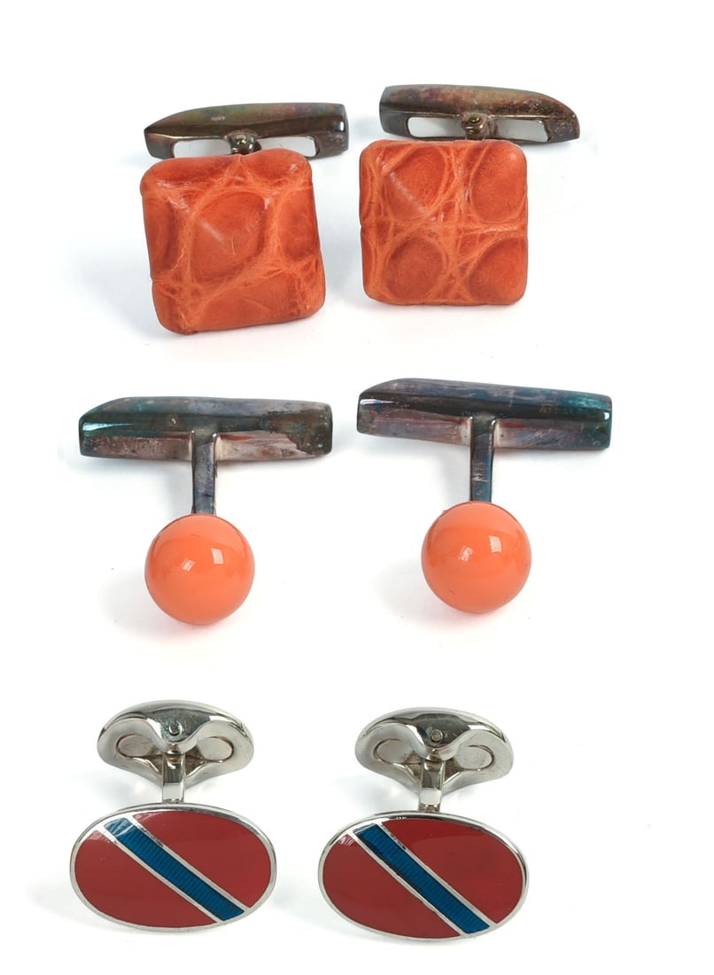 THREE PAIRS OF RALPH LAUREN STERLING SILVER CUFFLINKS.: Lengths 1.25 inches, original retail price $585.