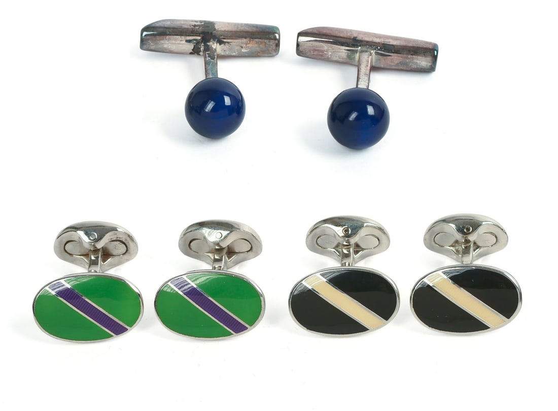 THREE PAIRS OF RALPH LAUREN STERLING SILVER CUFFLINKS.: Lengths 1.25 inches, original retail price $585.