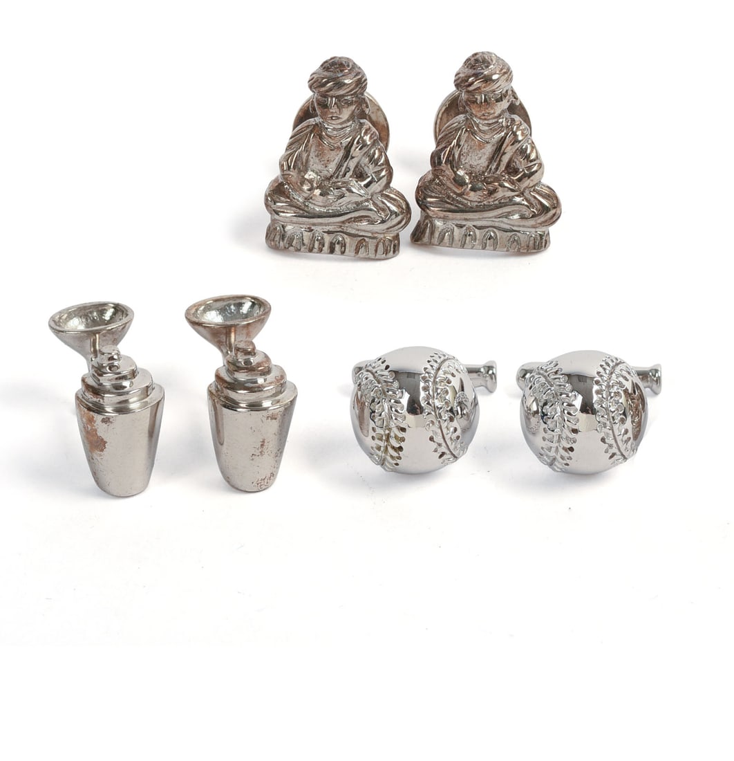THREE PAIRS OF ROTENIER STERLING SILVER CUFFLINKS.: Cocktail shakers, Buddha, and baseballs