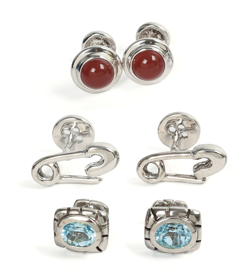 THREE PAIRS OF ROTENIER STERLING SILVER CUFFLINKS.: Safety pins, red stone, and blue glass (topaz appearance)