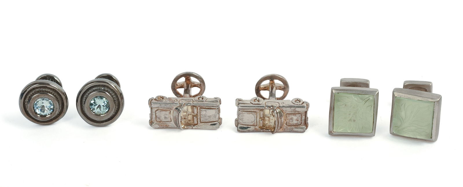 THREE PAIRS OF ROTENIER STERLING SILVER CUFFLINKS.: Cars, leaf design, blue glass topaz.