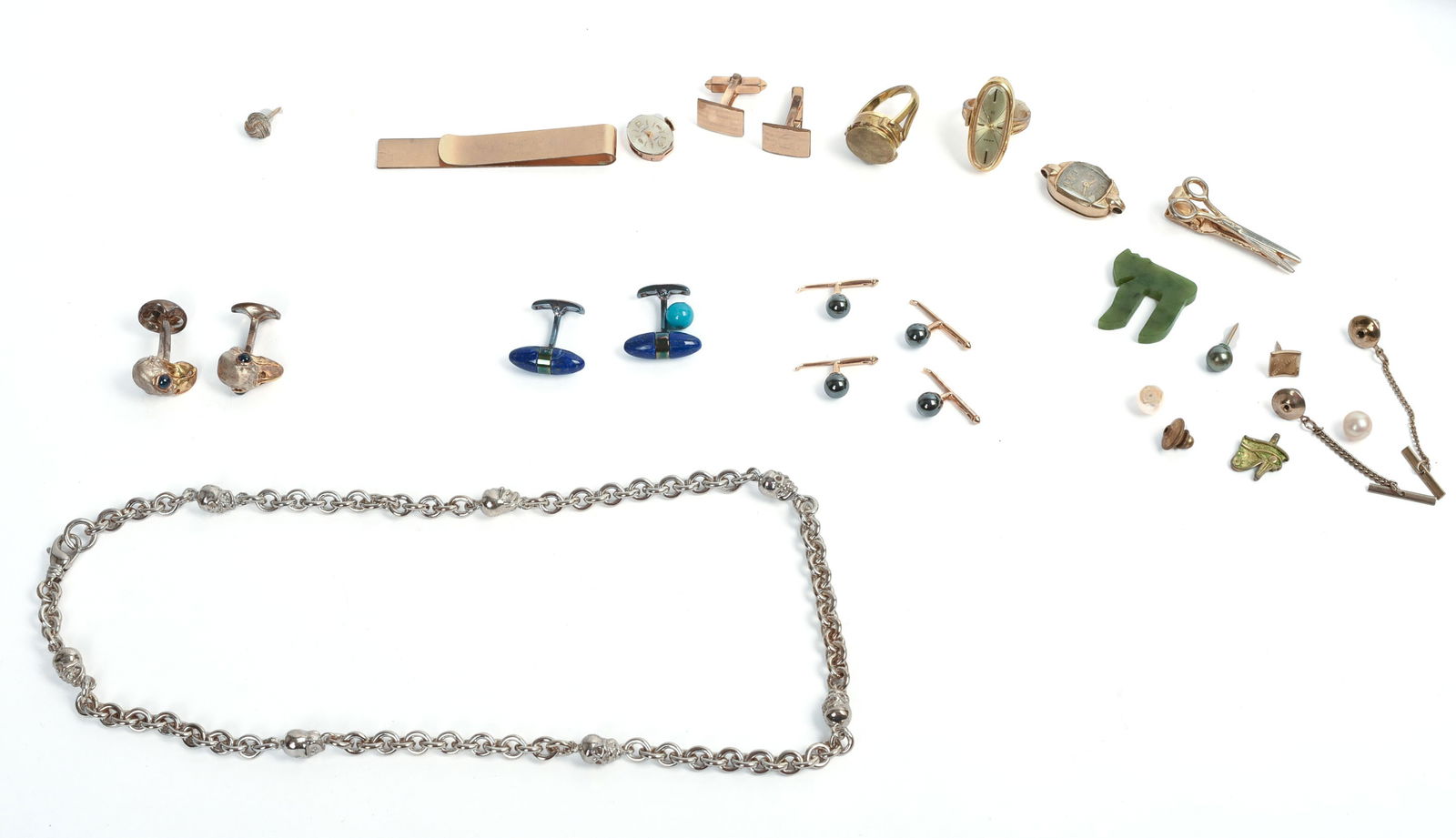 GROUP OF CUFFLINKS AND OTHER JEWELRY.: Including Bergdorf Goodman birds, Robin Rotenier, two ring watches, and other pieces.