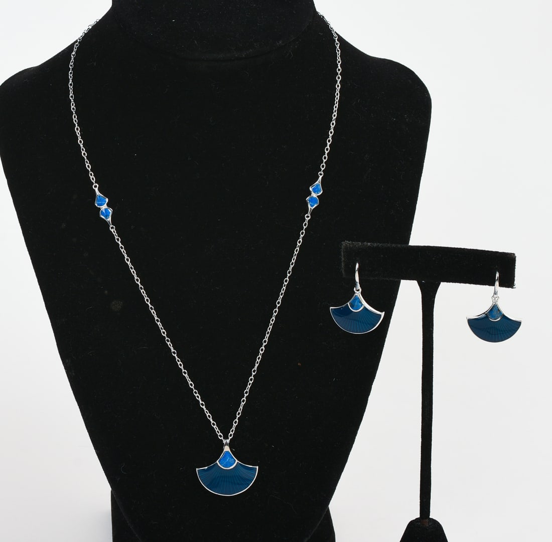 Jan Leslie Sterling Silver and Enamel Pendant Necklace and Earring Set.: Length 16 inches, pendant 1 x 0.5 inches, 7.62 grams.