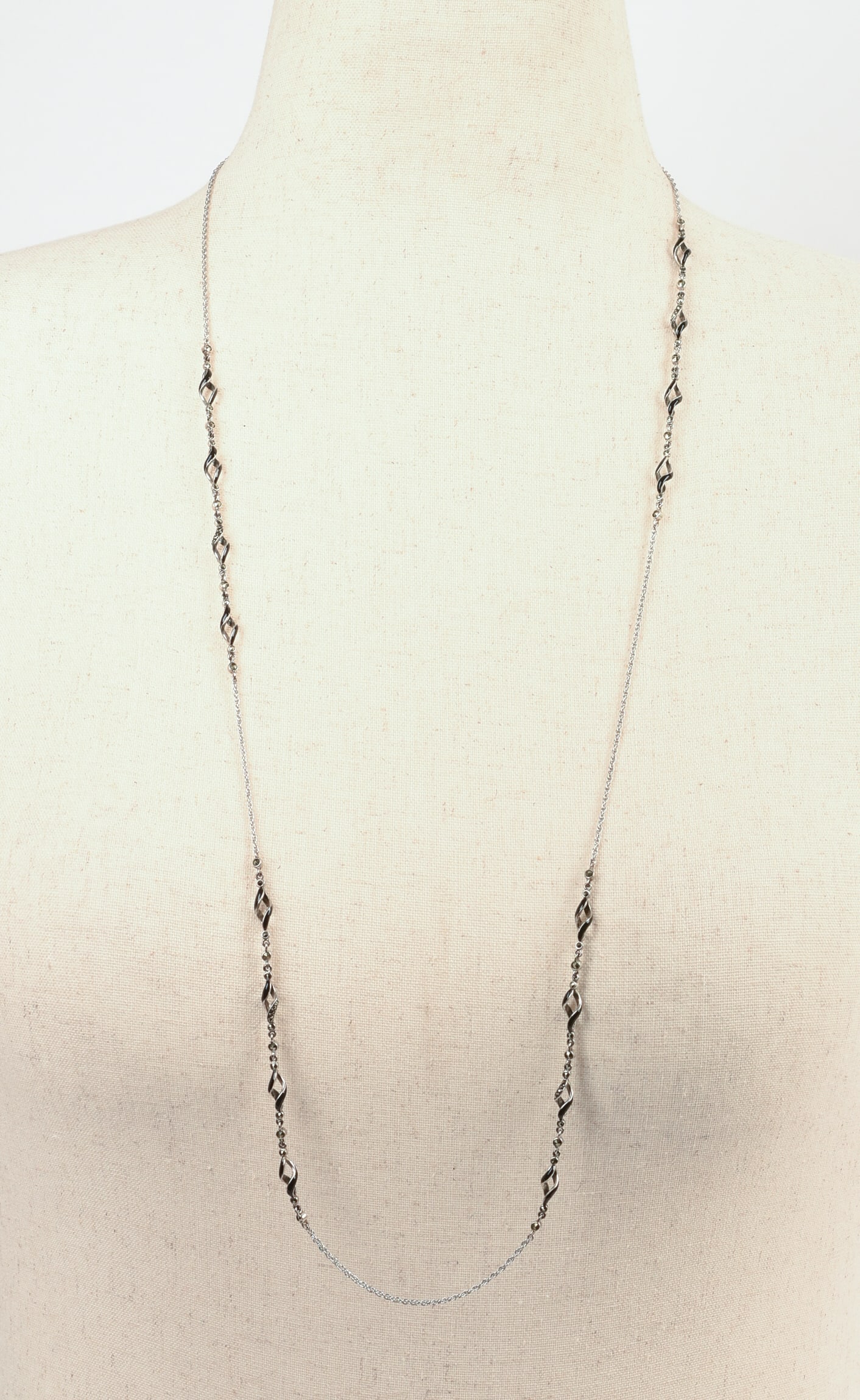 Jan Leslie Sterling Silver, Onyx and Diamond Necklace.: Length 32 inches, 14.33 grams.