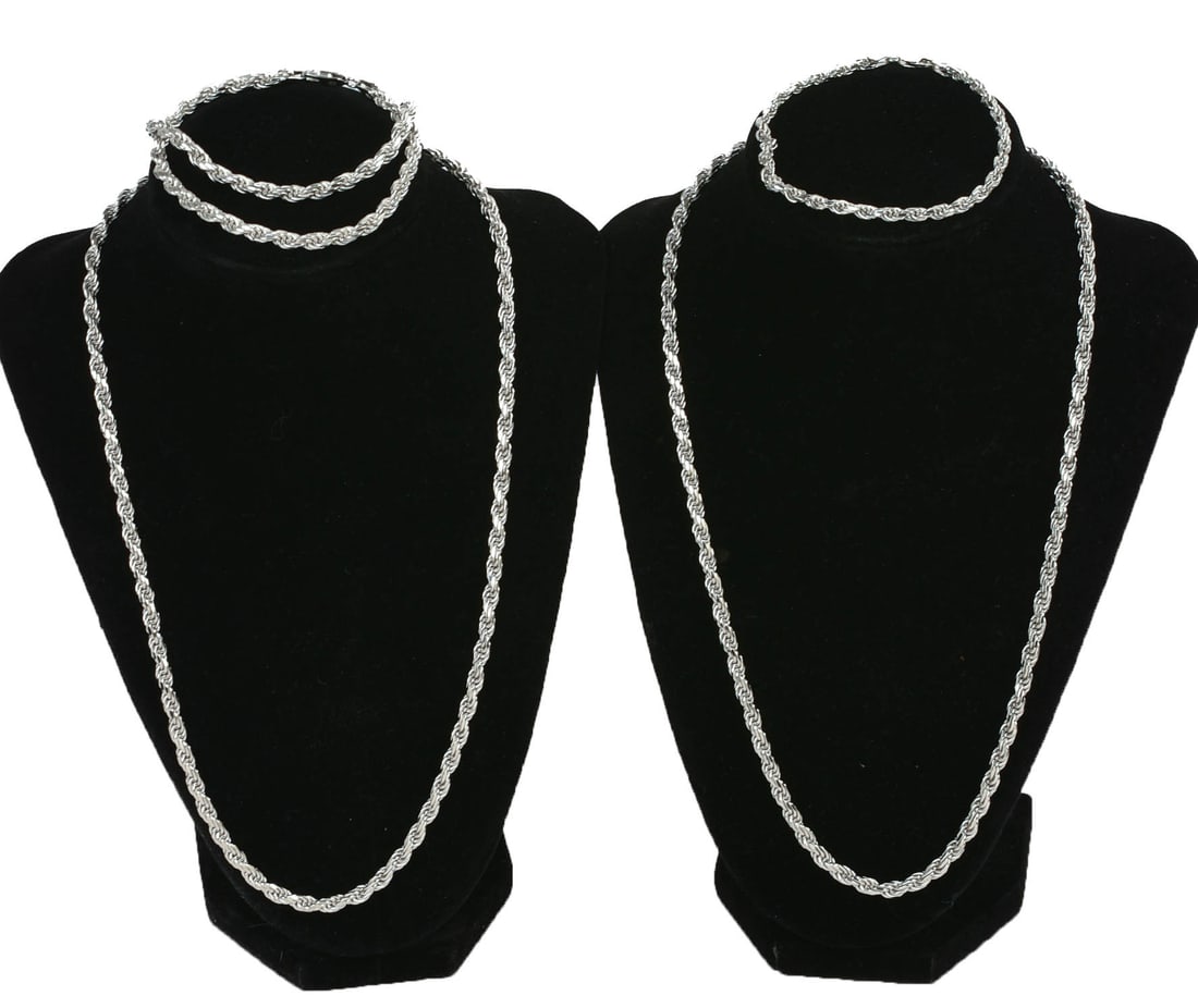 TWO ESQUIRE STERLING SILVER NECKLACES AND THREE BRACELETS.: Necklaces 20 inches, bracelets 8 inches. 120 grams. New condition.