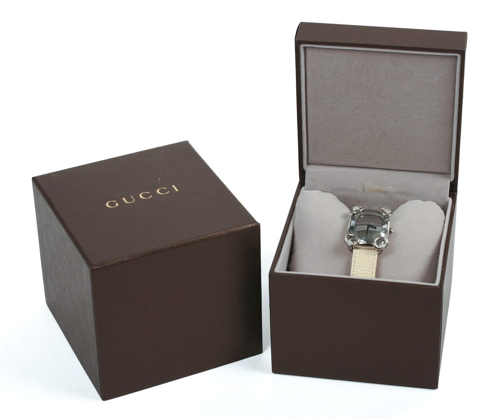 GUCCI LADIES WATCH WITH DIAMONDS.: Face 1.5 x 1 inches, new condition, with original box.