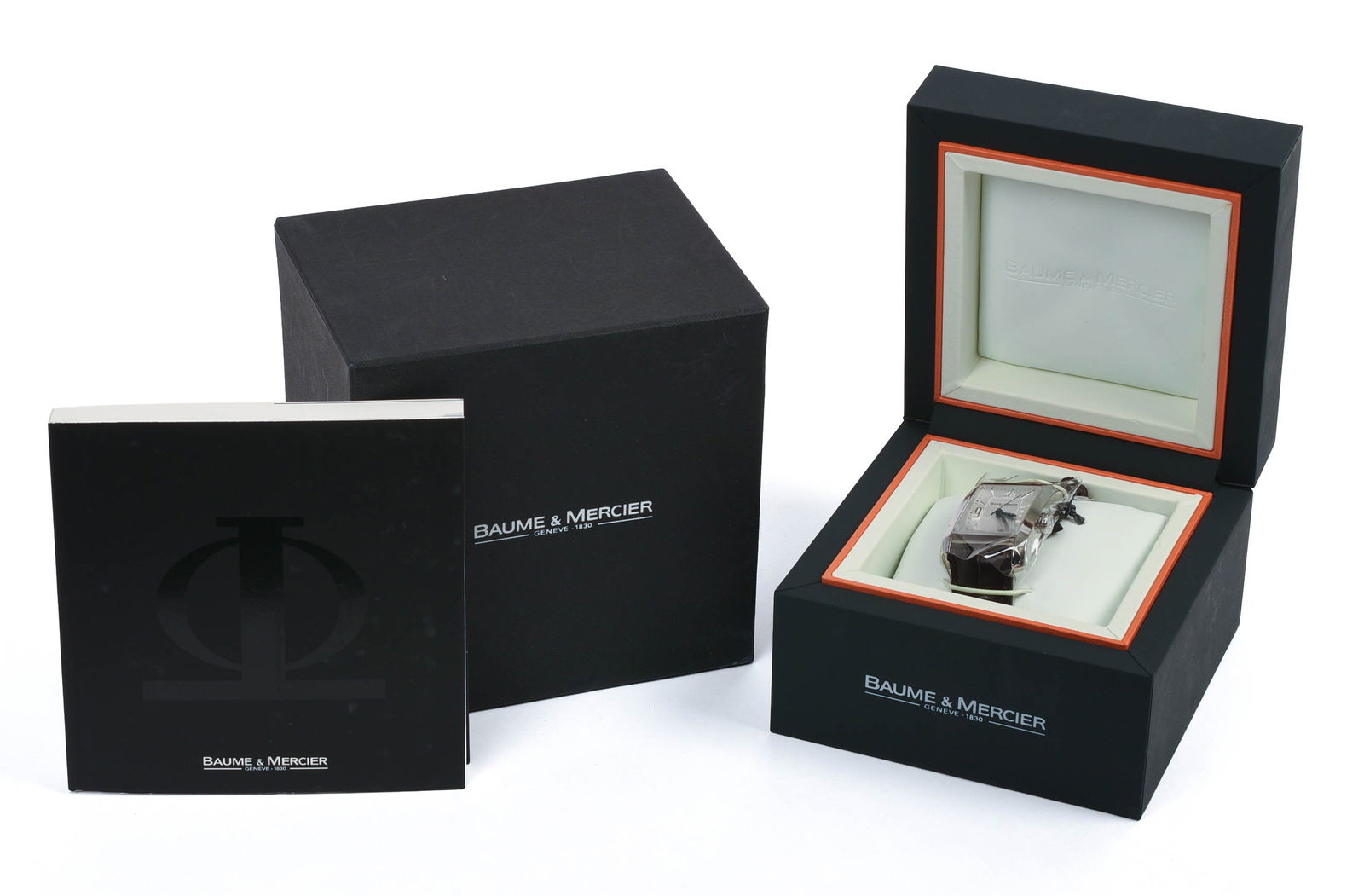 BAUME & MERCIER STAINLESS STEEL MEN'S WATCH.: Face 1.5 x 1.25 inches. In new condition, with original box.