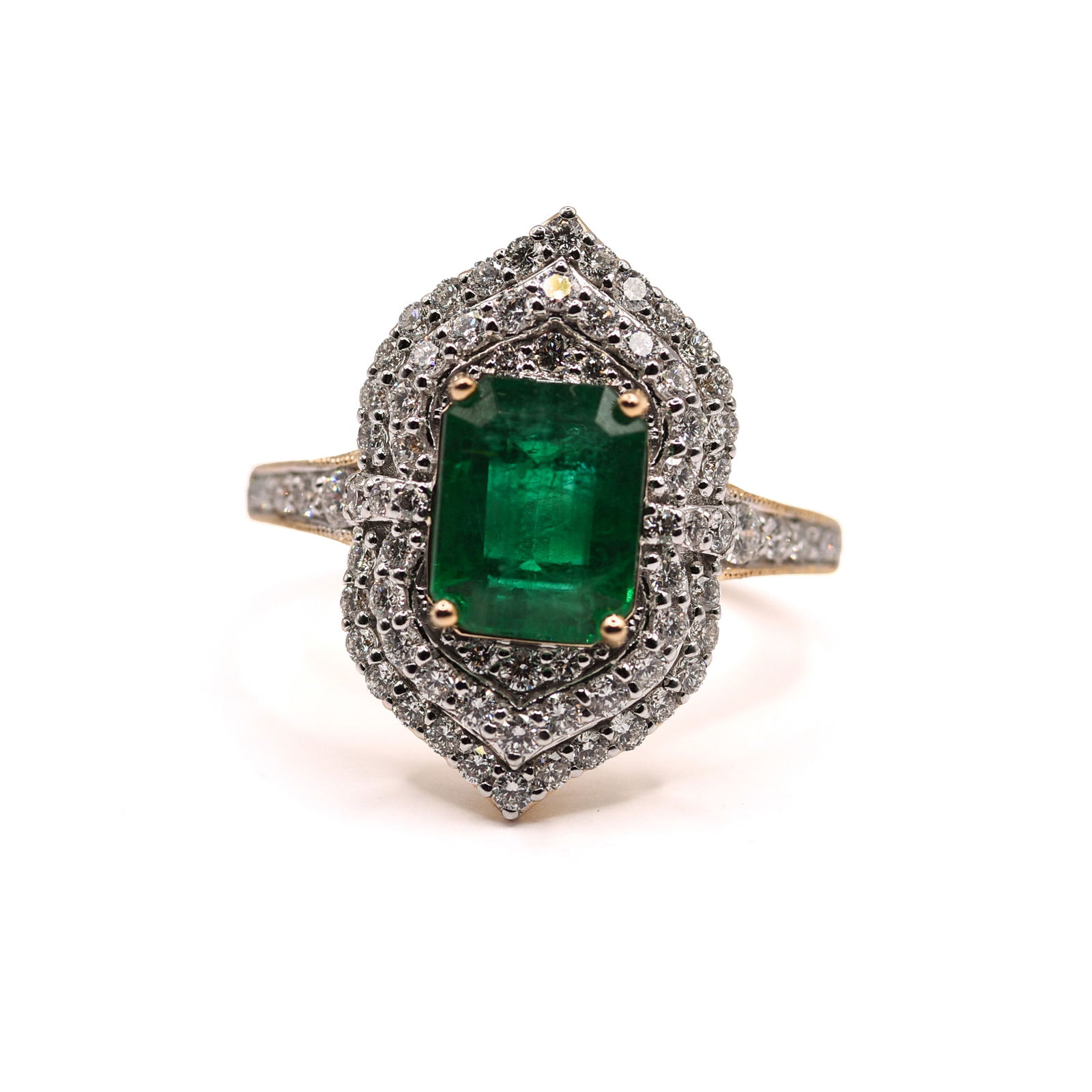 PLATINUM, EMERALD AND DIAMOND RING. (1 of 3)